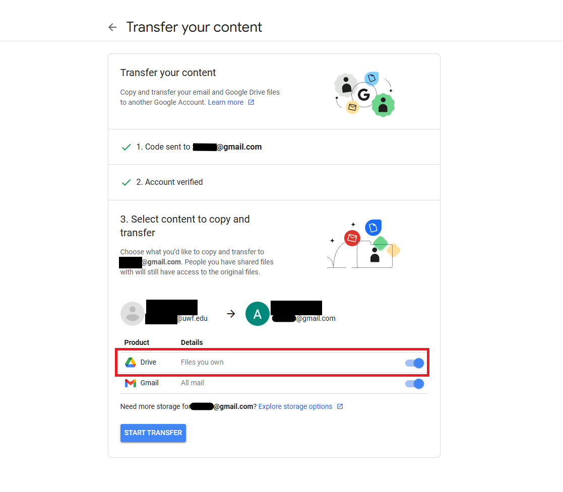 Transfer your content screen - Google Drive setting enabled