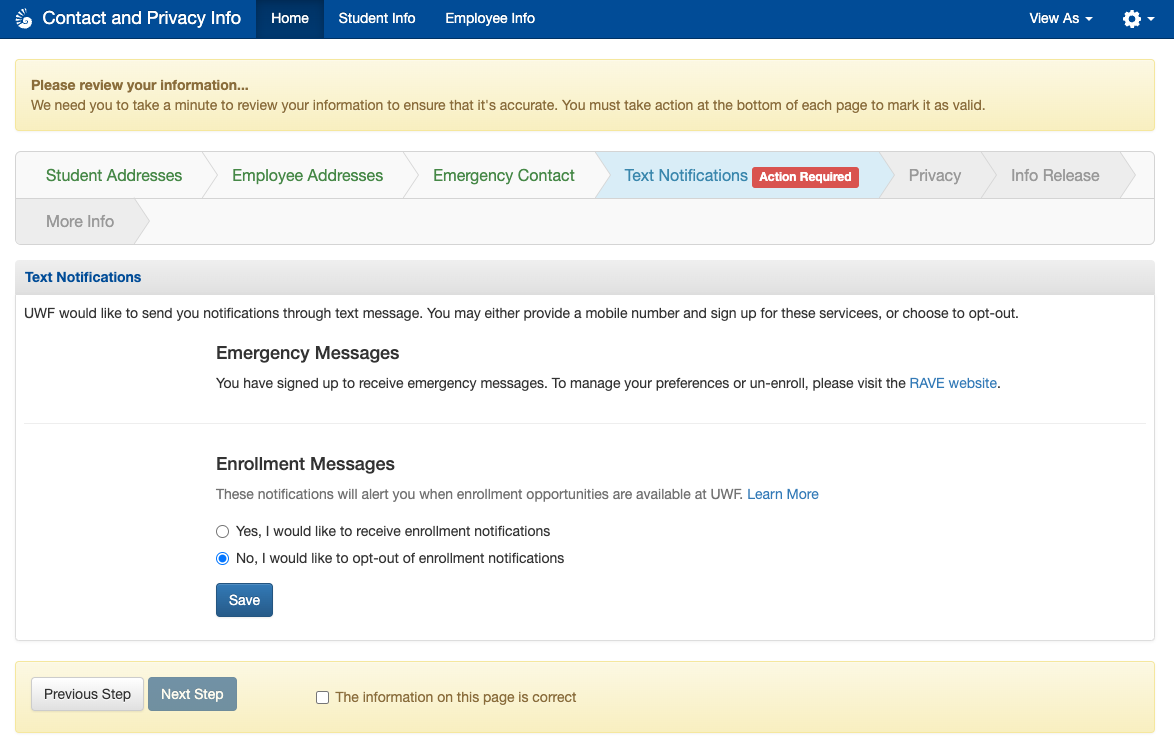 Contact and Privacy Info tab