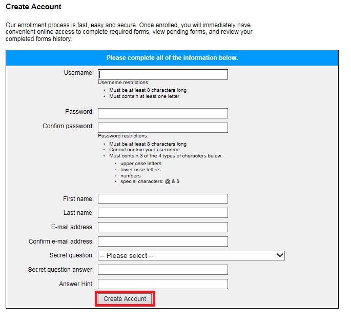 Create Account window