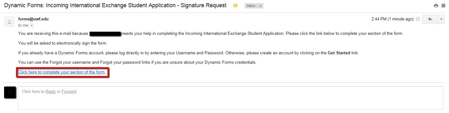 Email notification for student application