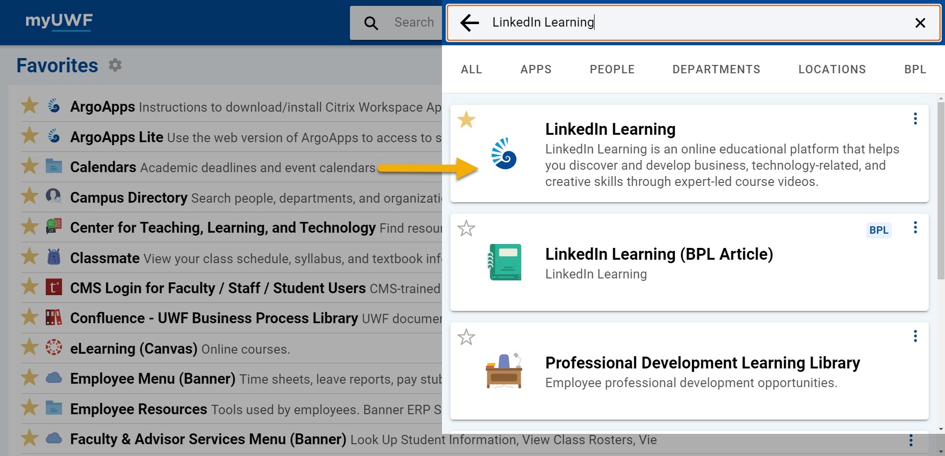 MyUWF Homepage with arrow pointing to the LinkedIn Learning result in the search box. 