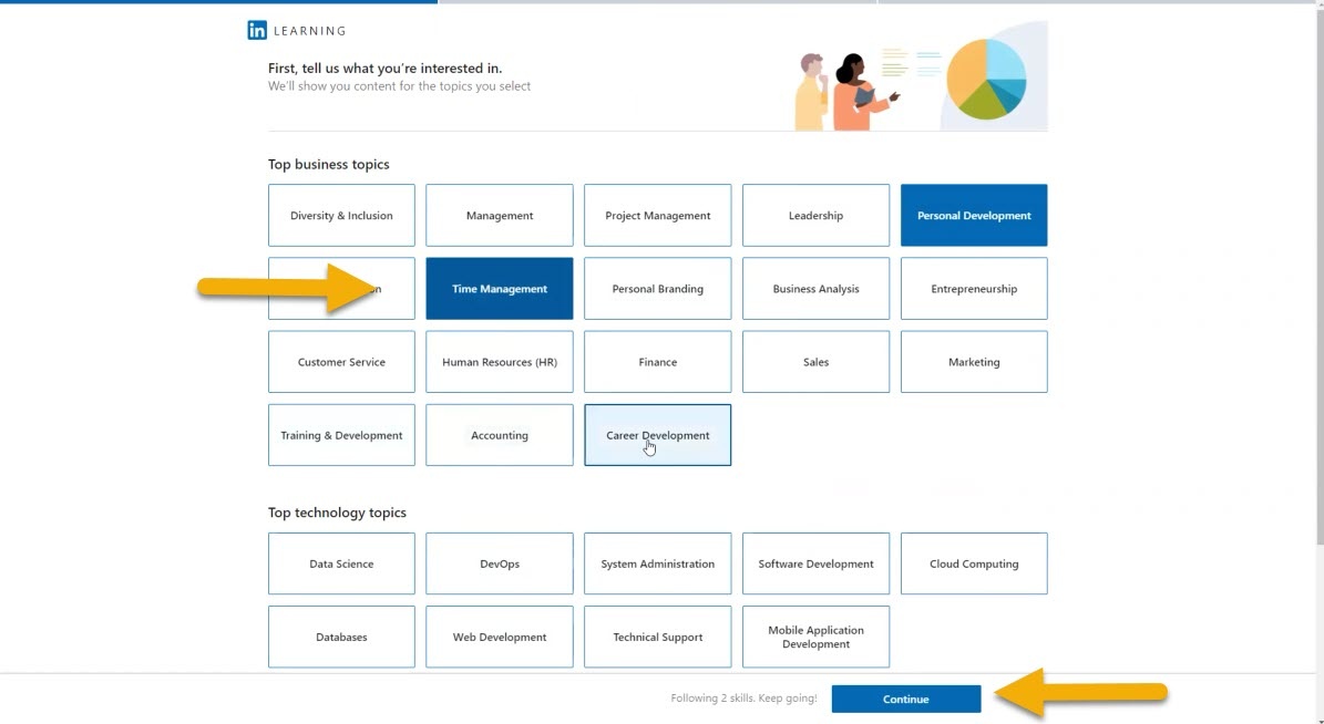 Topics of Interests page in LinkedIn Learning. Boxes containing topics of interest.  