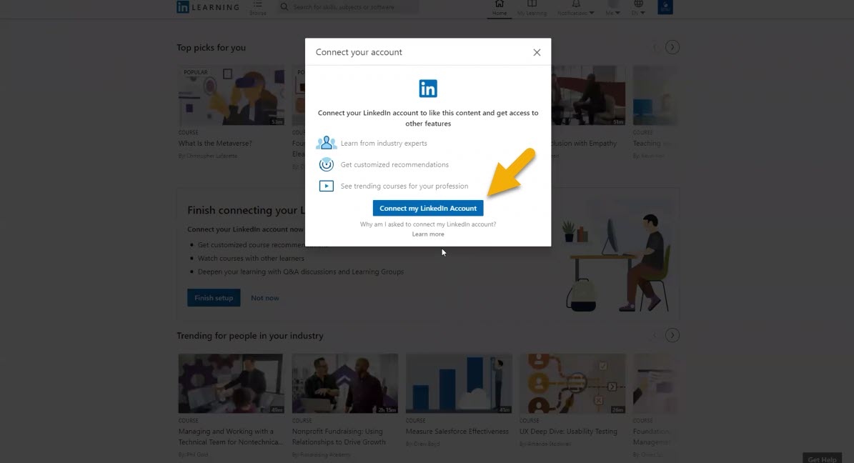 This is a screenshot of the Connect your LinkedIn account page. There is a Connect my LinkedIn Account box.  page. If you clicked on Connect your Lin on this page. 