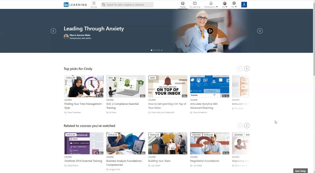 This is a screenshot of the LinkedIn Learning Homepage.