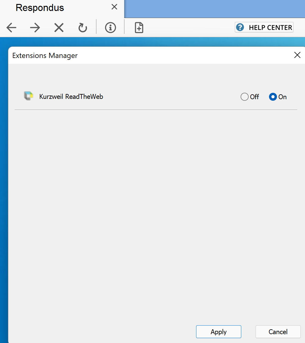Screenshot of the Respondus LockDown Browser Extensions Manager window. The Kurzweil ReadTheWeb extension is listed with On and Off radio button options. The extension is enabled, and Apply and Cancel buttons appear at the bottom of the window.