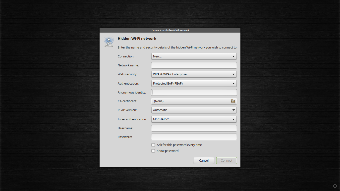 Wi-Fi security and authentication dropdowns