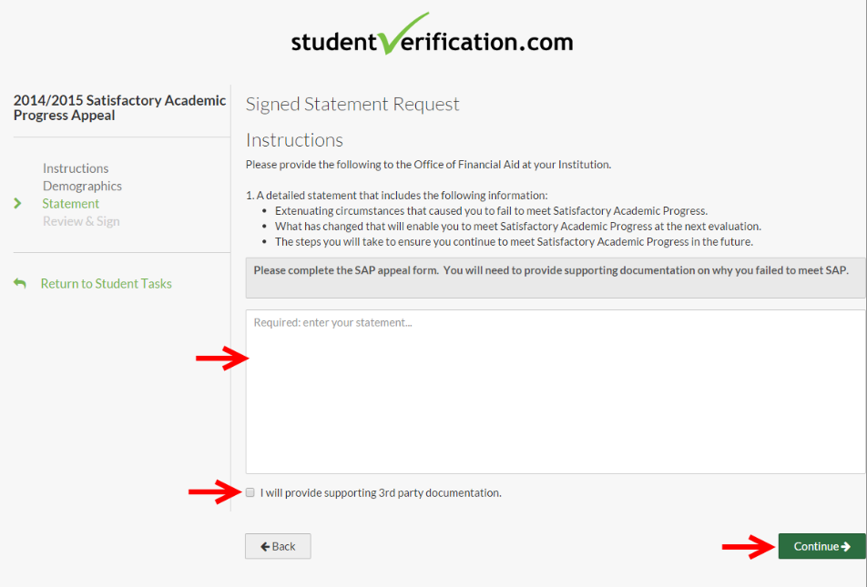 field for statement, checkbox for providing supporting 3rd party documentation