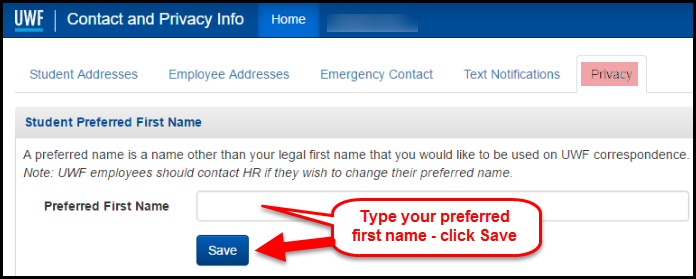 image displaying box to type preferred first name and click save in contact and privacy information app