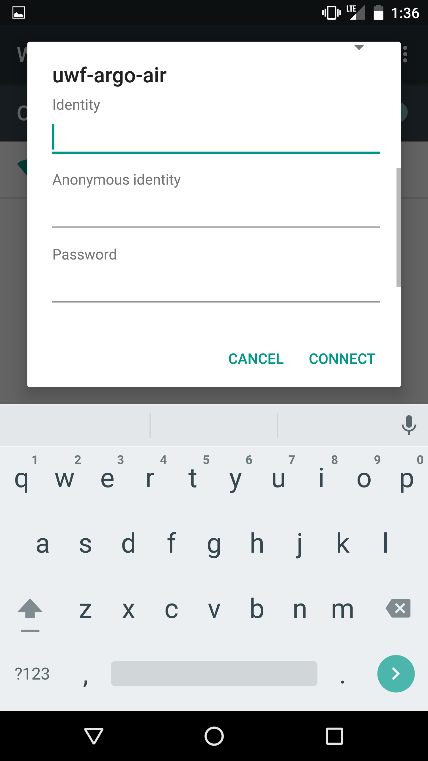 Identity, Anonymous identity, and Password settings