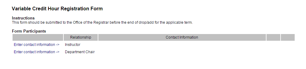 Image of variable credit hour registration form