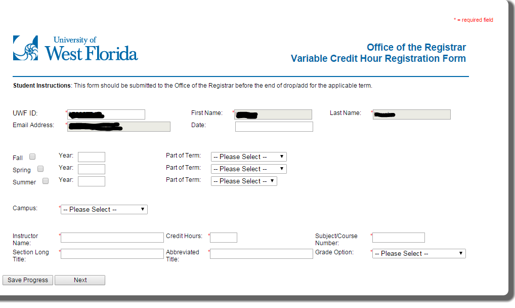 Image of variable credit hour registration form