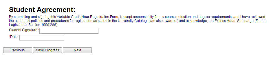 Image of student agreement page in variable credit hour registration form