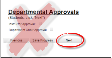 Image of departmental approvals page in variable credit hour registration form