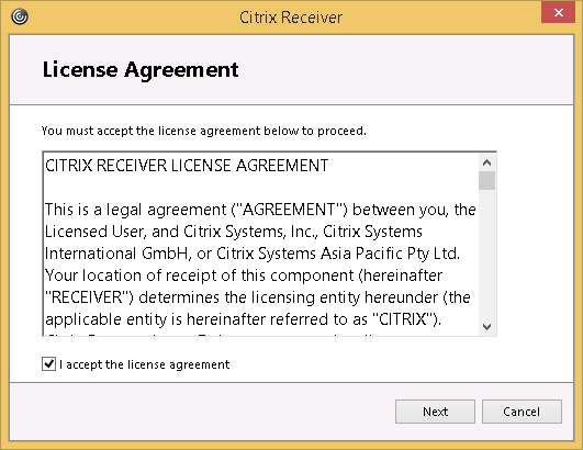 screenshot of Citrix License Agreement window
