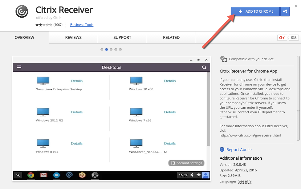 screenshot of Citrix Receiver app in Chrome Web Store