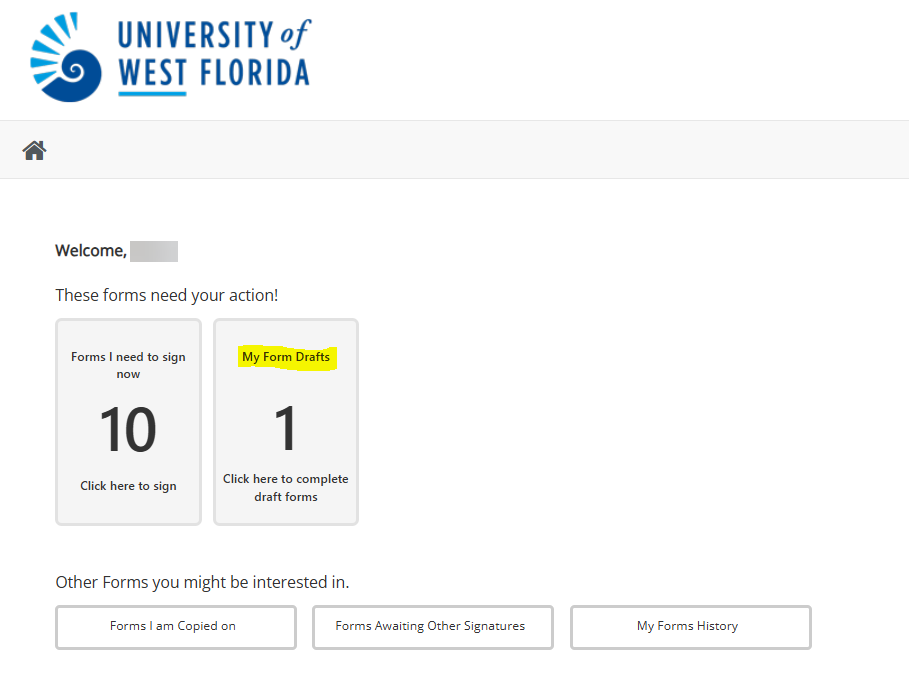 My Forms page with My Form Drafts button indicated