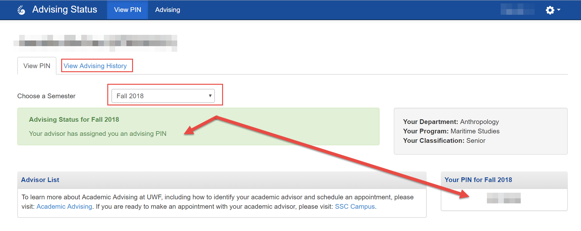 UWF Public Knowledge Base > Viewing your Advising PIN in MyUWF > 2018-04-17_1132_001.png notice about being advised and access to advising pin