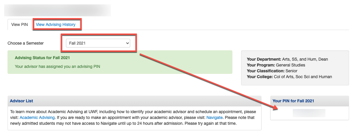 advising PIN for a specific term