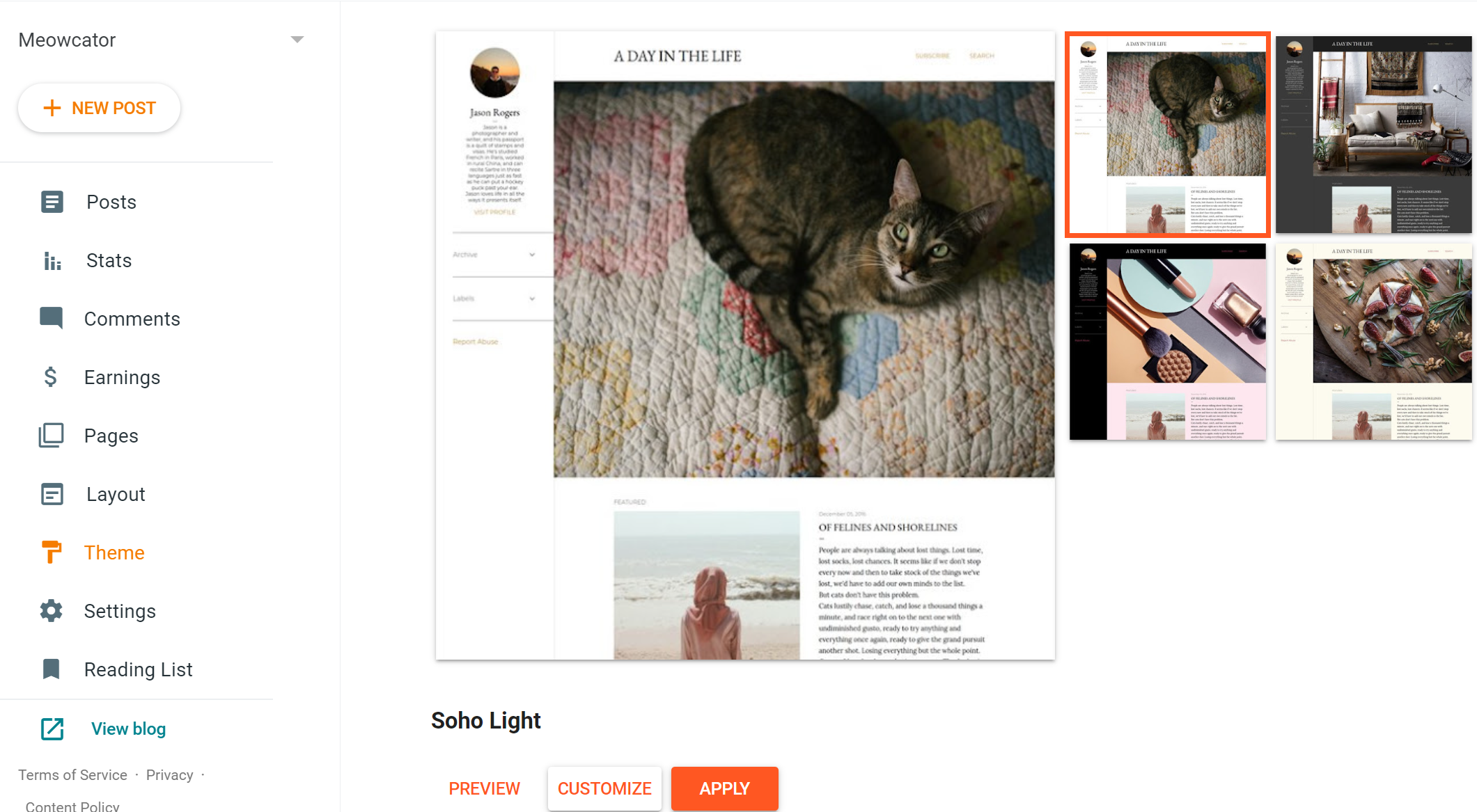  Selecting a blog theme