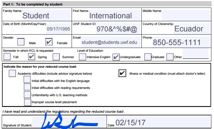 example of a correctly completed Part 1 for a Medical Reduced Course Load