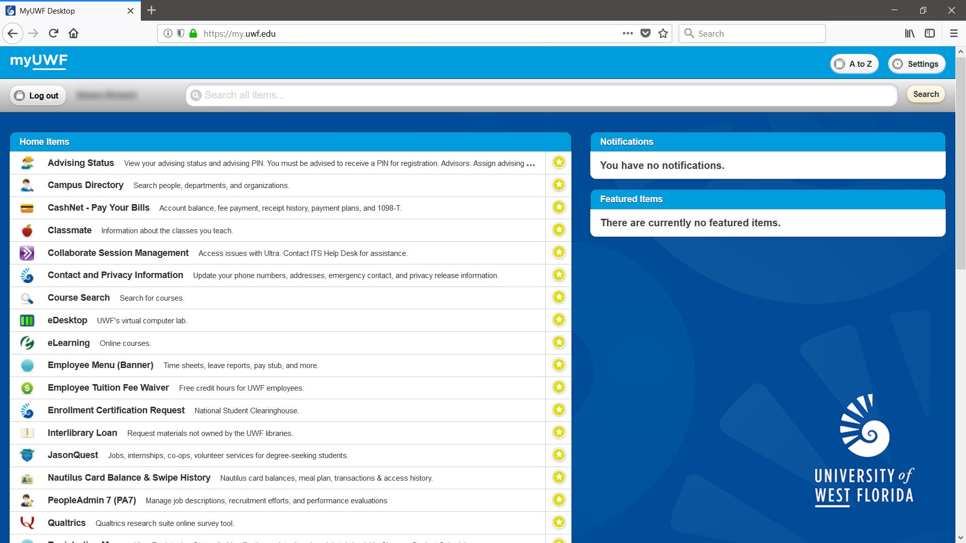 MyUWF page, after logging in