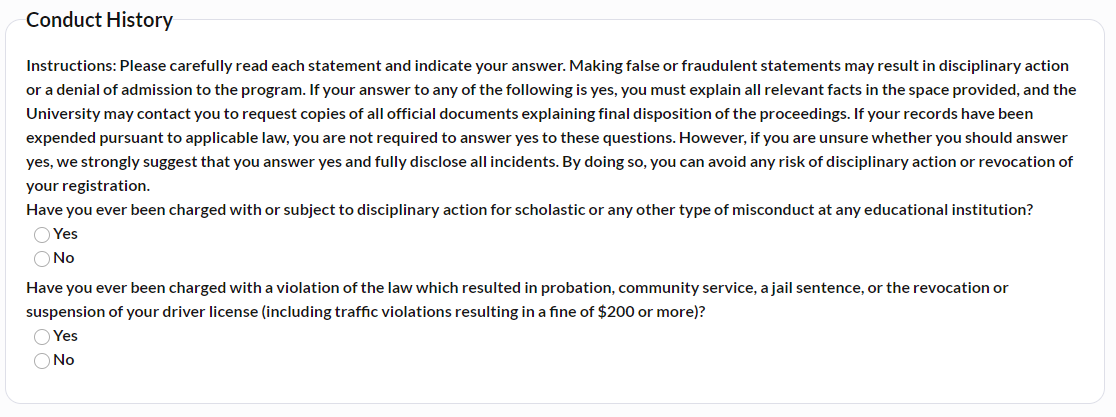 Conduct History Questions