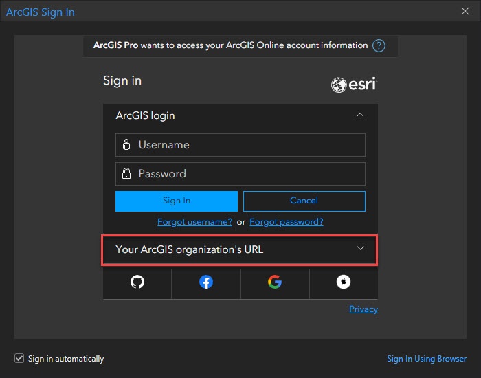 Image showing the login options menu for ArcGIS Pro