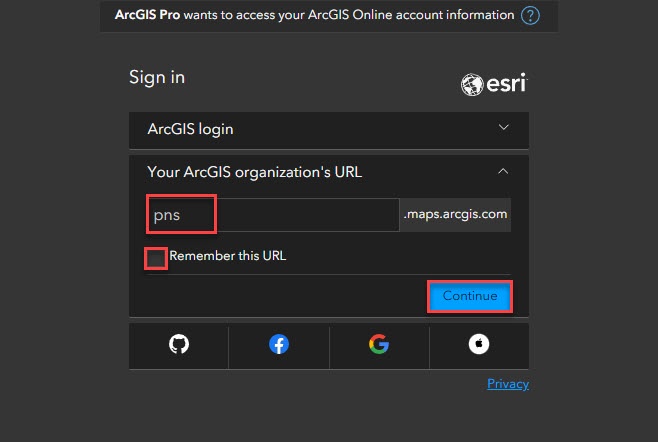 Image showing the Organization url entry for signing into ArcGIS Pro