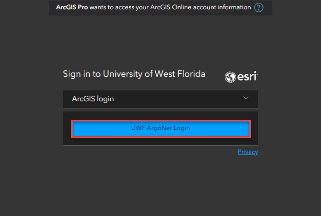 Image showing the UWF ArgoNet account sign in options for ArcGIS Pro