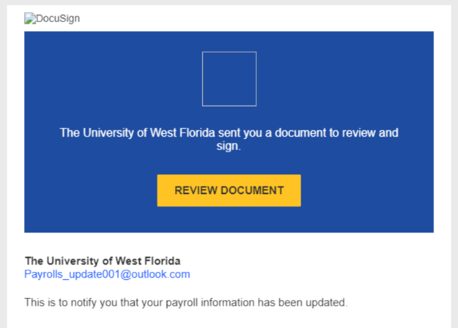 UWF Public Knowledge Base > Phishing Scams and other Malicious Emails > docusign.PNG