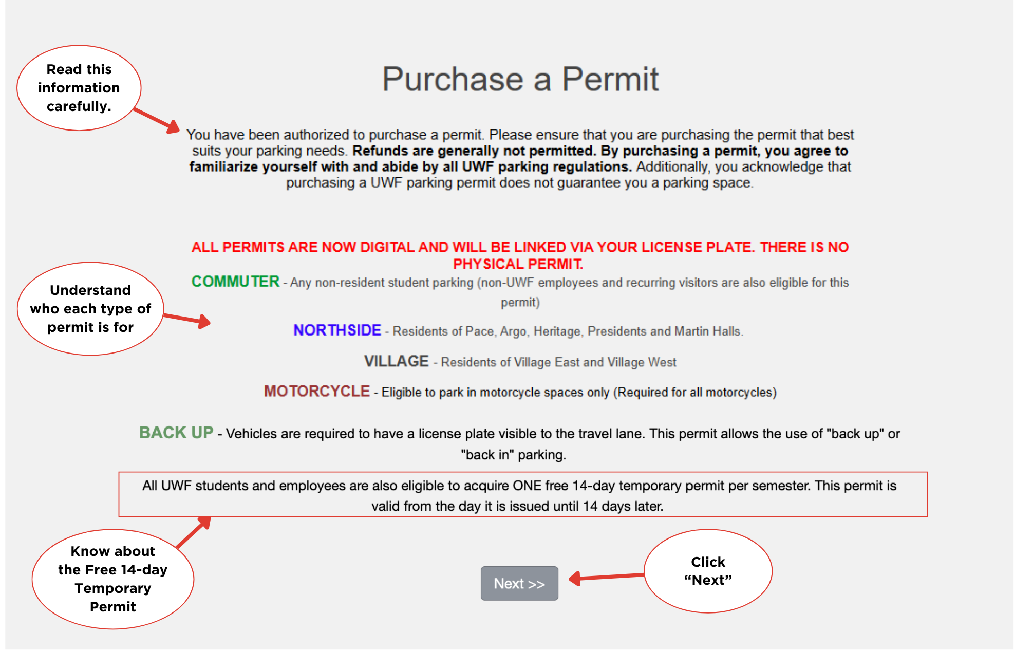 Purchase a Permit Page. Attention brought to permit types, and the next button.