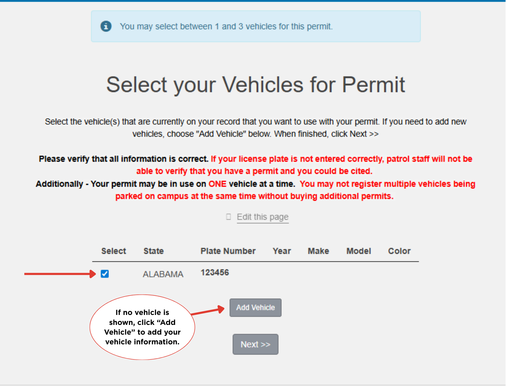 Option to Add a Vehicle, and then select the vehicles for permit using the checkbox