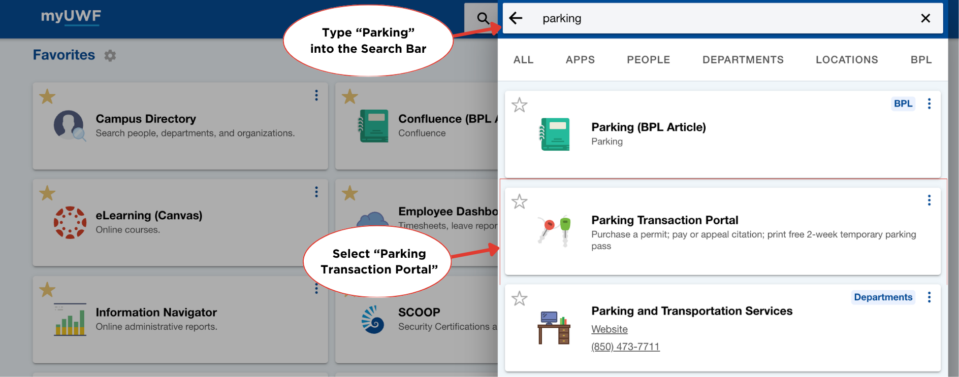 myUWF Homepage, parking typed into search-bar, attention to parking transaction portal
