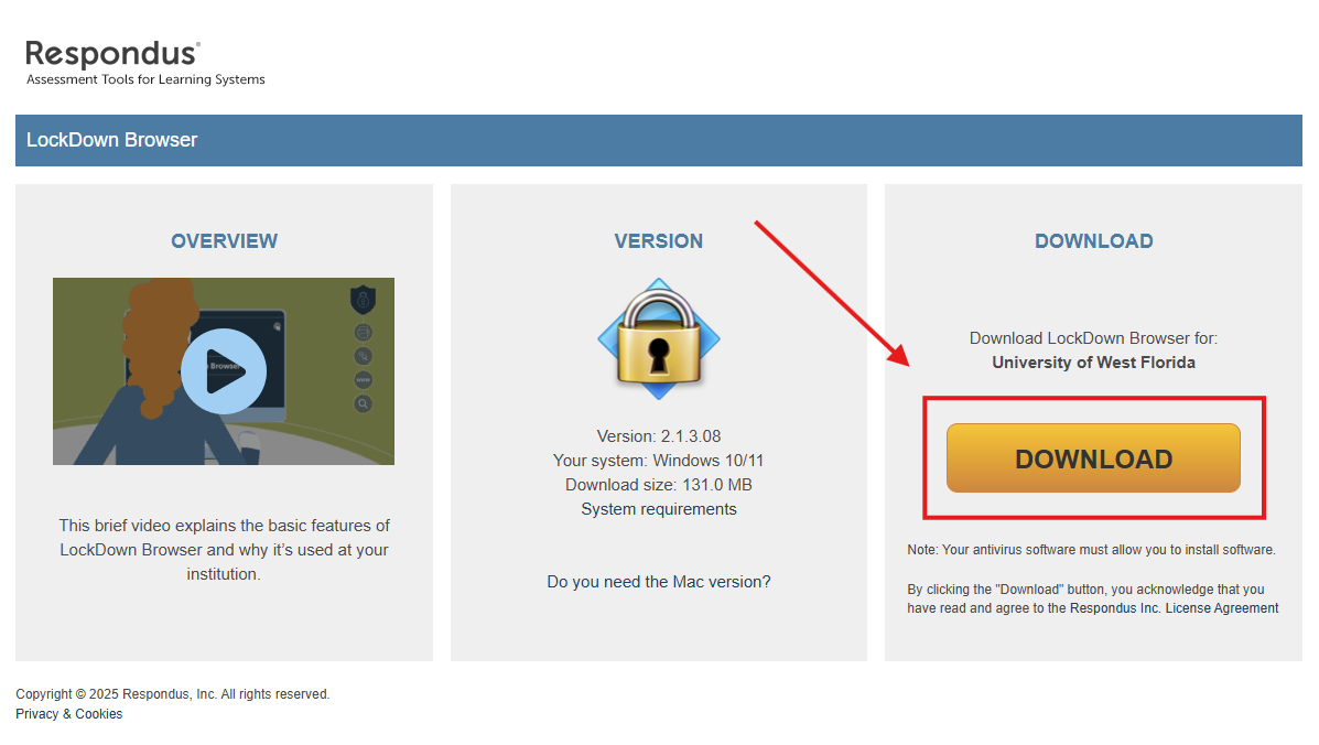 Download button for the Respondus Lockdown Browser