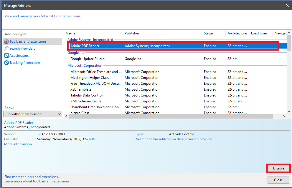 Adobe PDF Reader extension to disable