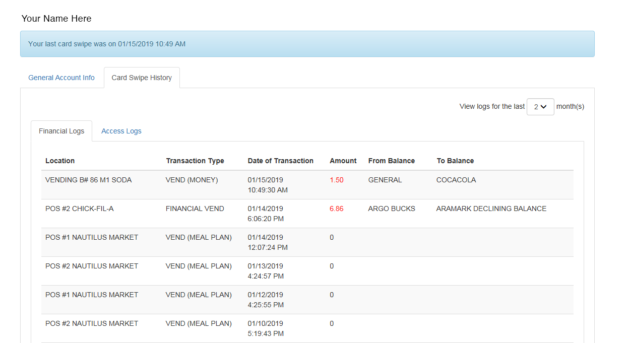 Card Swipe History tab