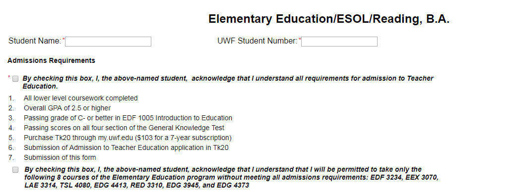 Admissions Requirements, checkbox for acknowledgement
