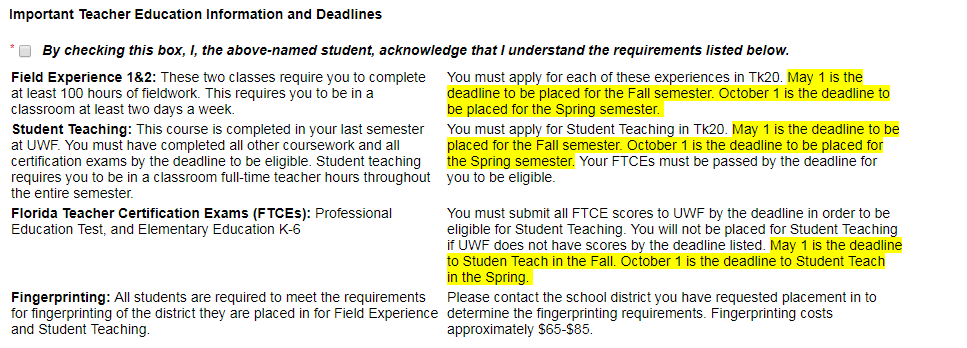 teacher education information and deadlines