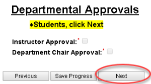 departmental approvals page in variable credit hour registration form