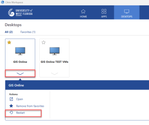 Screenshot of how to restart the GIS Online VM in ArgoApps
